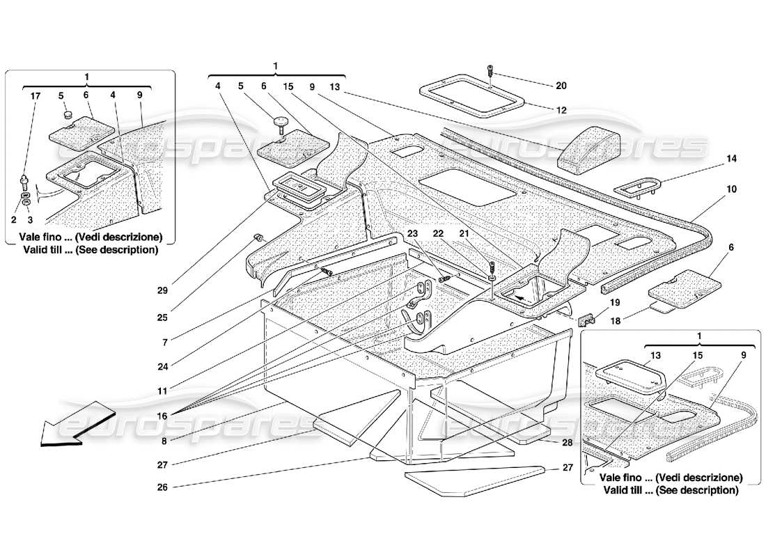 ferrari 355 (5.2 motronic) tapis du compartiment avant schéma des pièces