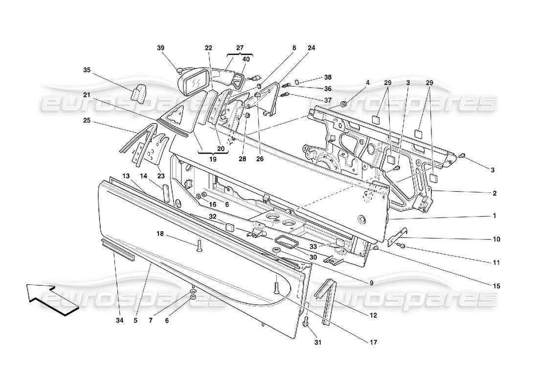 ferrari 355 (5.2 motronic) portes - schéma des pièces du cadre et du rétroviseur