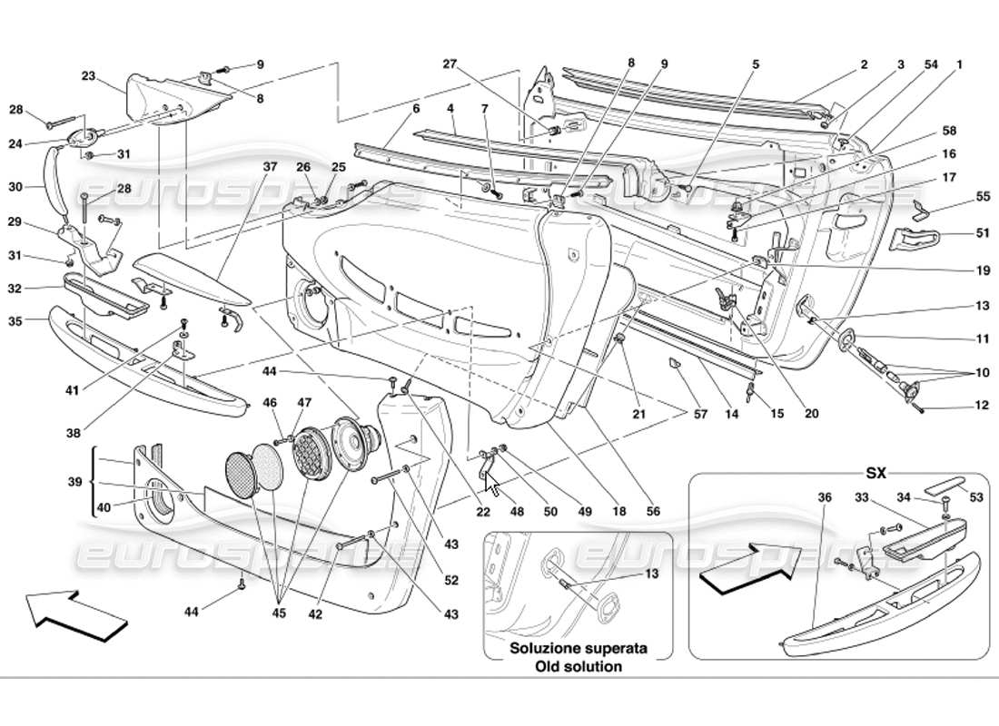 ferrari 360 modena schéma des pièces du cadre et des revêtements des portes