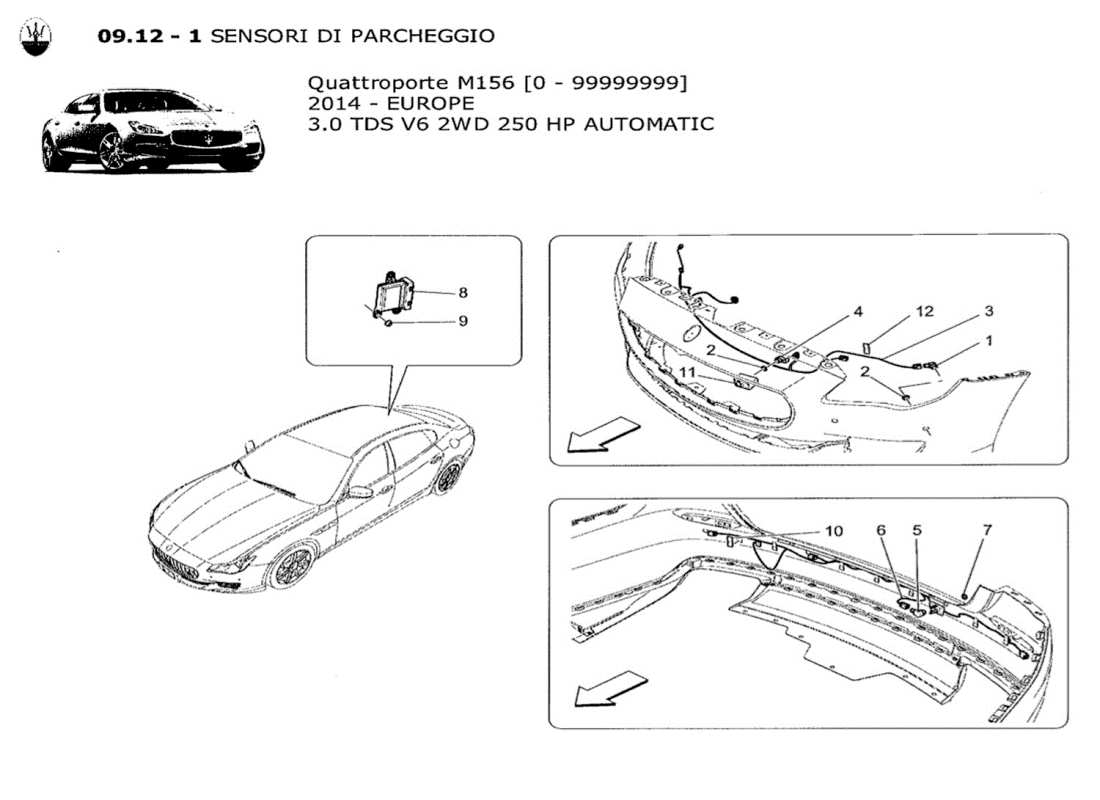 maserati qtp. v6 3.0 tds 250bhp 2014 schéma des pièces des capteurs de stationnement