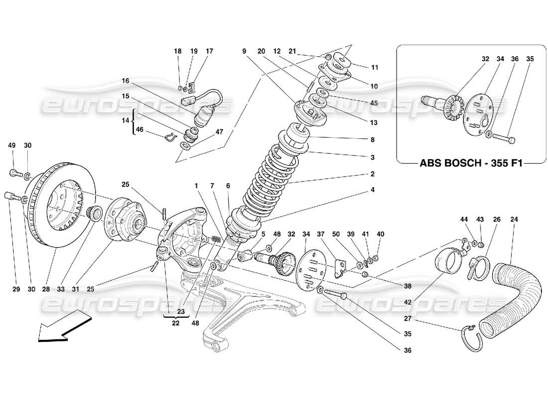 ferrari 355 (5.2 motronic) suspension avant - amortisseur et disque de frein schéma des pièces