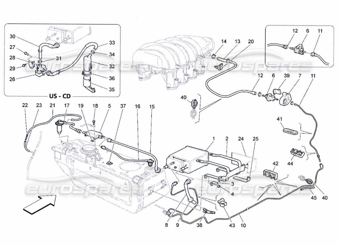 maserati qtp. (2010) 4.7 schéma des pièces du système de recirculation des vapeurs de carburant