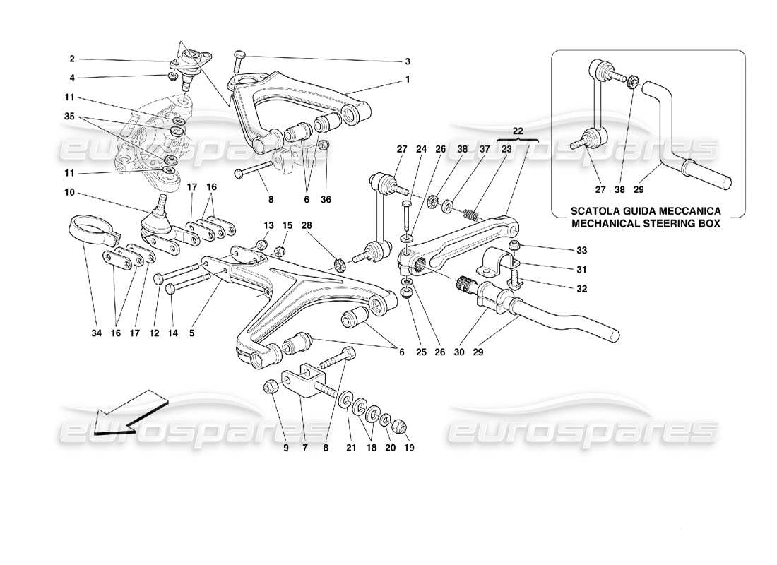 ferrari 355 (2.7 motronic) suspension avant - triangles schéma des pièces