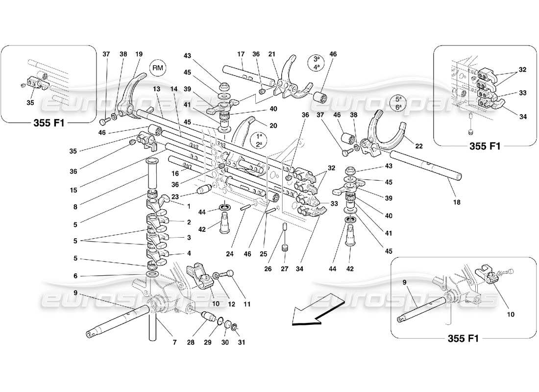 ferrari 355 (5.2 motronic) diagramme des pièces des commandes intérieures de la boîte de vitesses