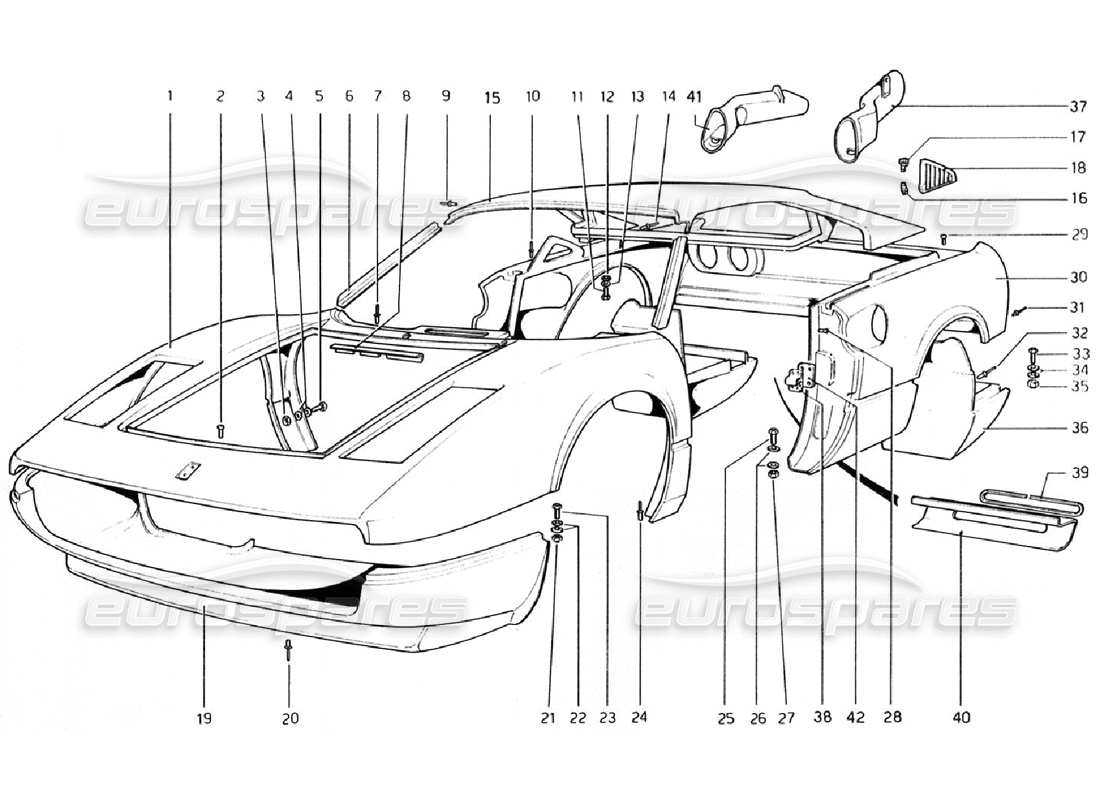 ferrari 308 gtb (1976) carrosserie - éléments extérieurs (valable pour les versions rhd - aus) schéma des pièces