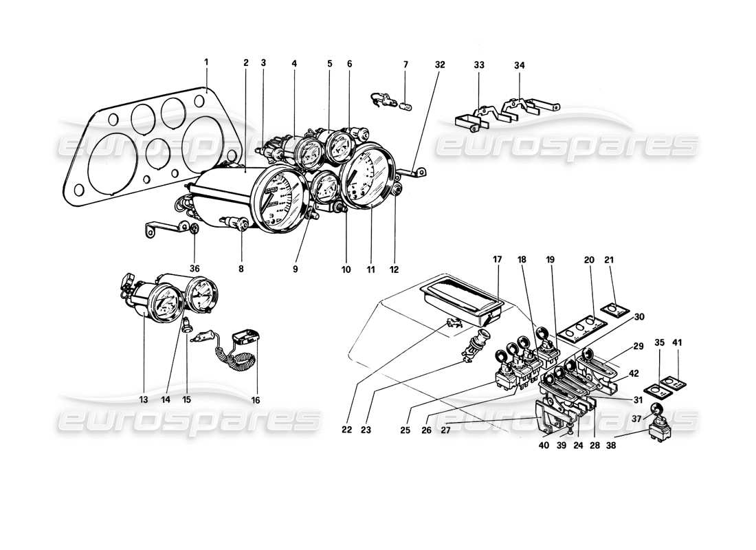 ferrari 308 gtb (1980) instruments et accessoires (variantes pour versions rhd - aus) schéma des pièces