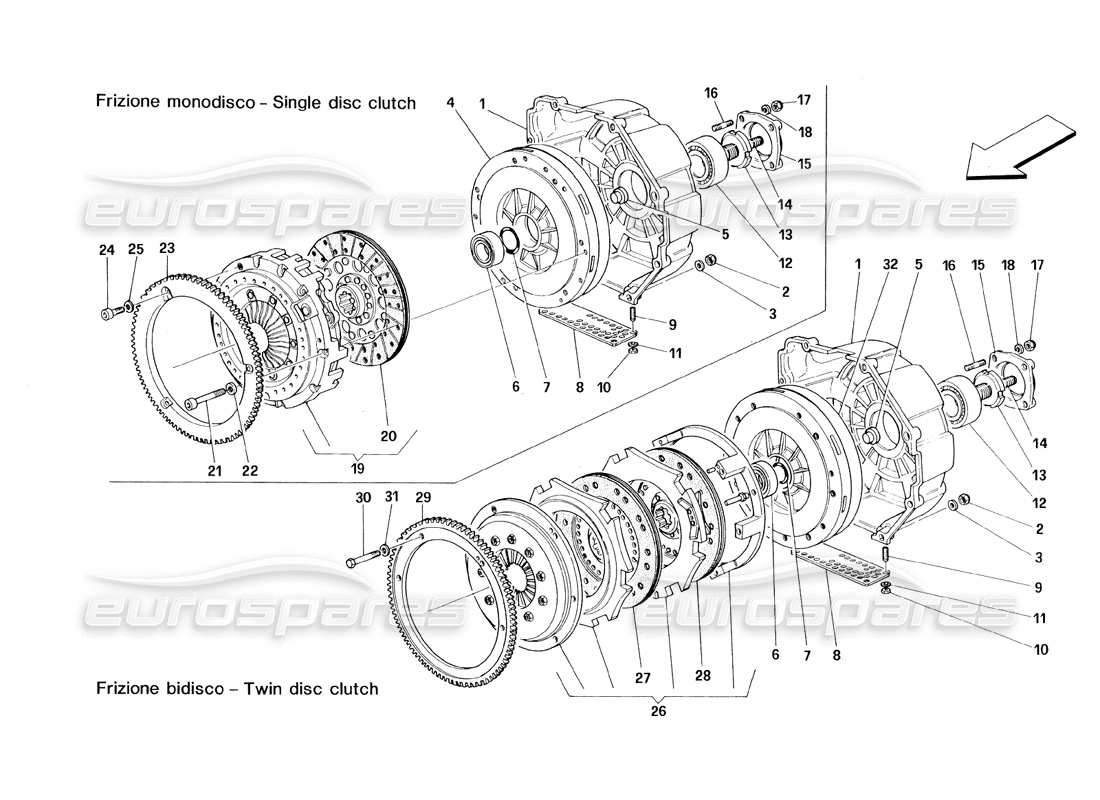 ferrari 348 (1993) tb / ts embrayage - simple et double disque schéma des pièces