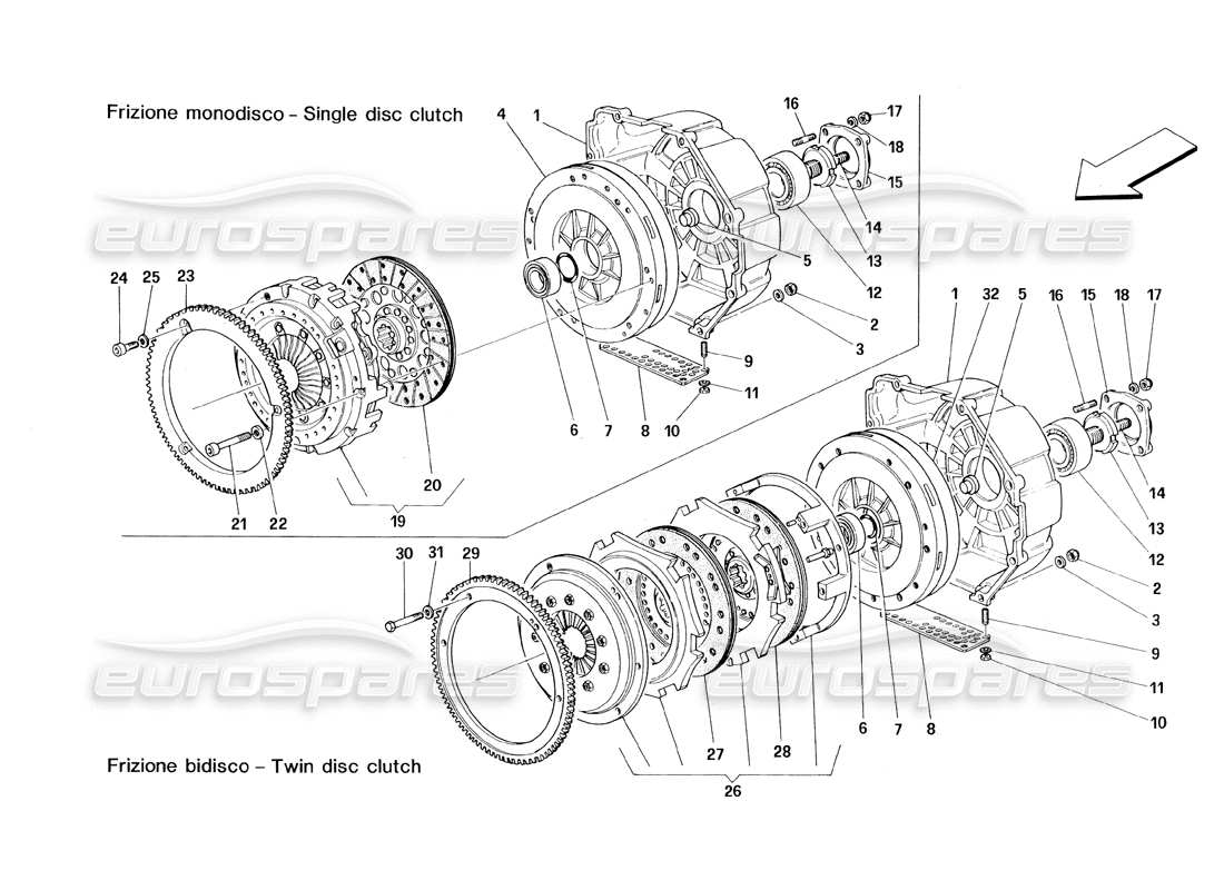 ferrari 348 (1993) tb / ts embrayage - schéma des pièces à disque simple et double