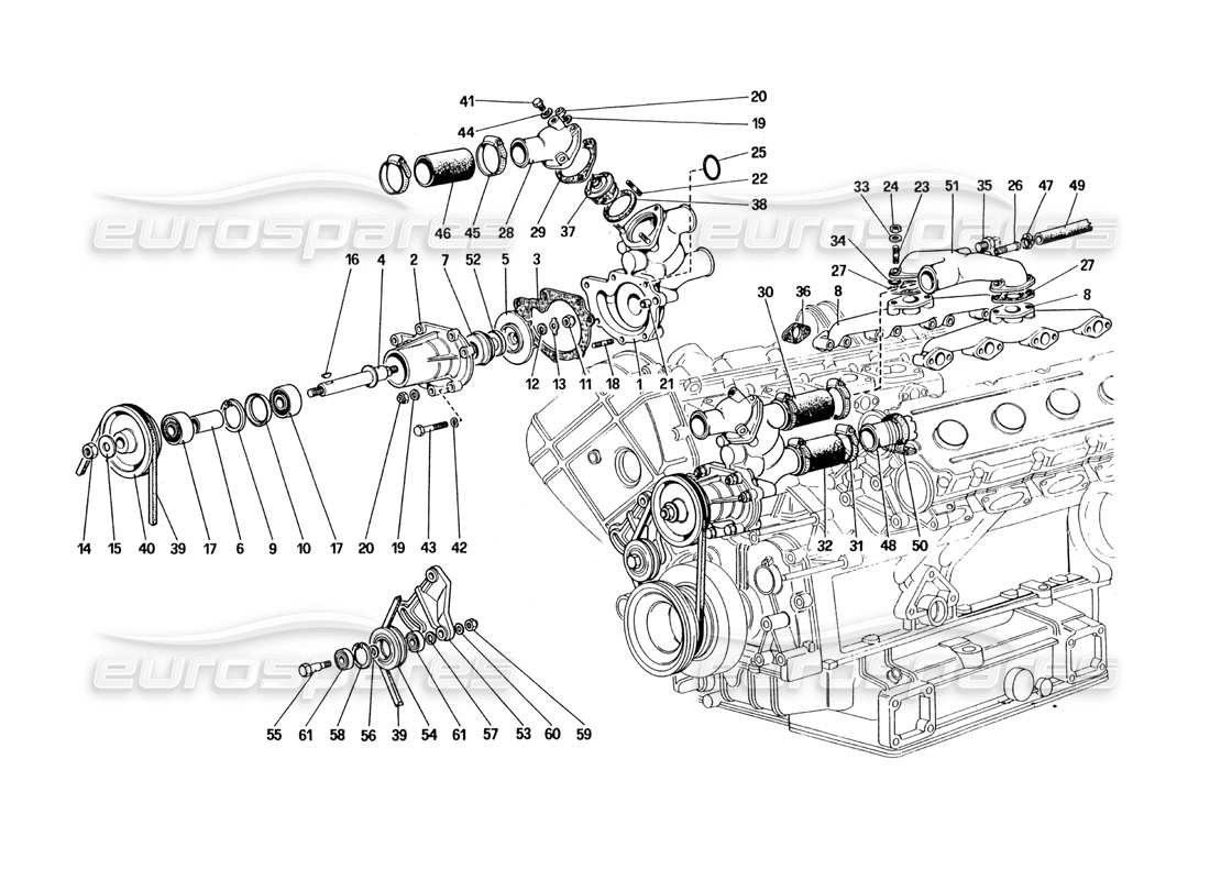 ferrari 328 (1985) pompe à eau et tuyauterie schéma des pièces