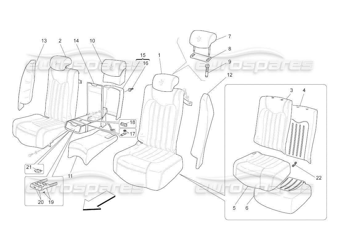 maserati qtp. (2011) 4.7 auto sièges arrière : diagramme de pièces des panneaux de garniture