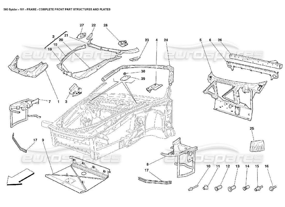 ferrari 360 spider châssis - structures et platines complètes de la partie avant schéma des pièces
