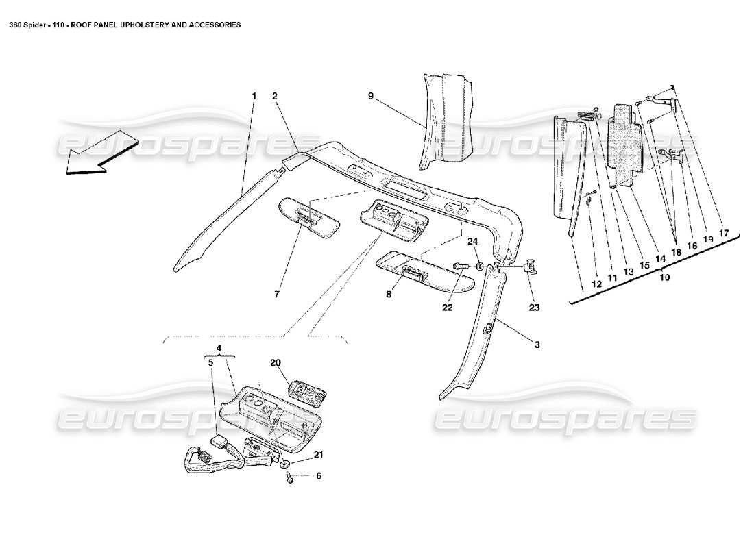 ferrari 360 spider rembourrage et accessoires des panneaux de toit schéma des pièces