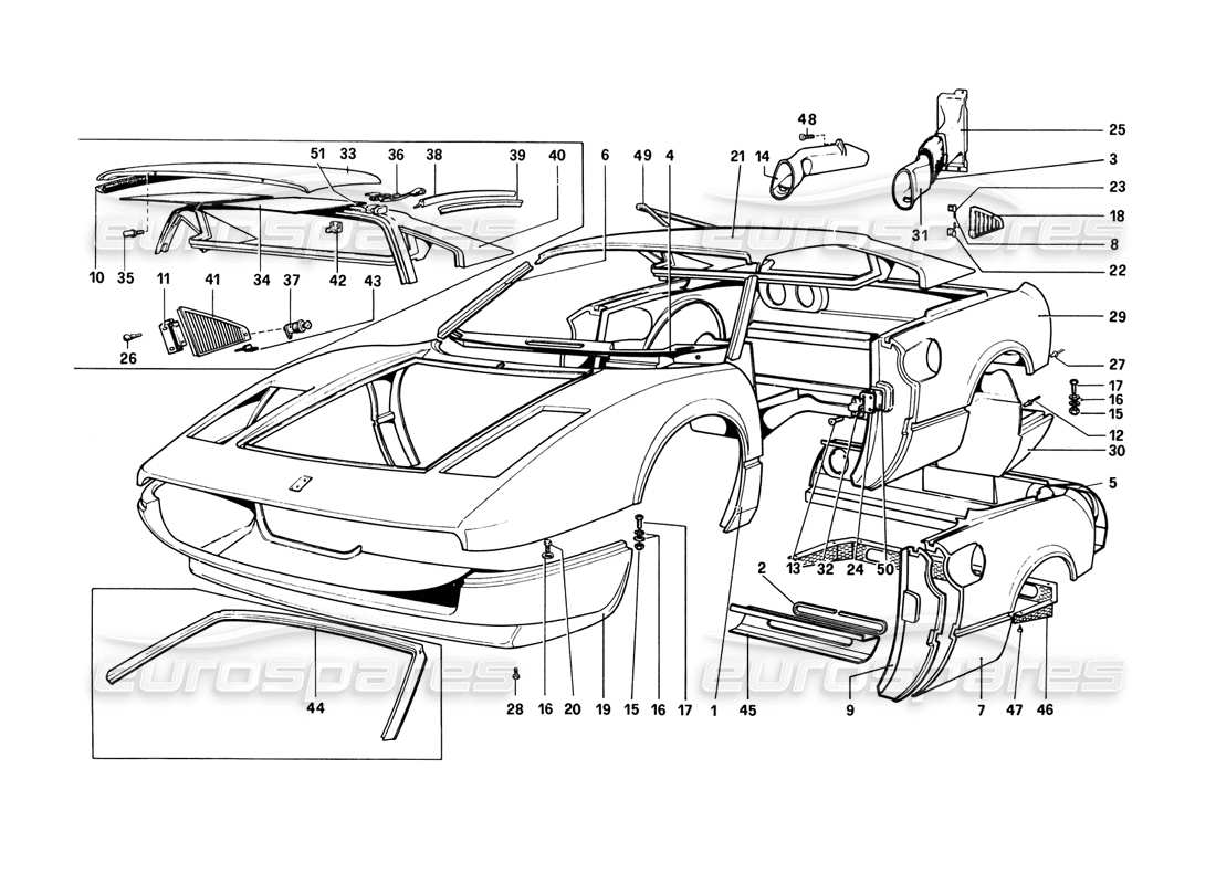 ferrari 308 gtb (1980) carrosserie - éléments extérieurs (variantes pour versions rhd - aus) diagramme de pièces