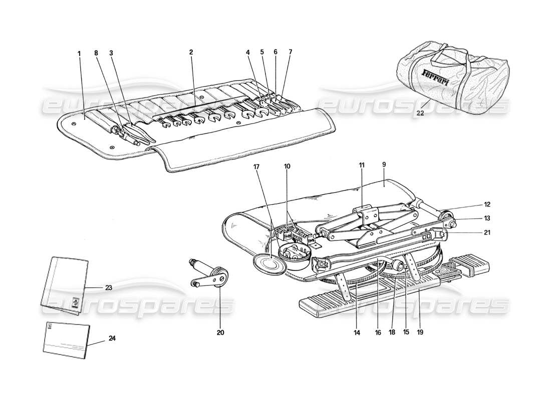 ferrari 328 (1985) trousse à outils et housse de voiture schéma des pièces