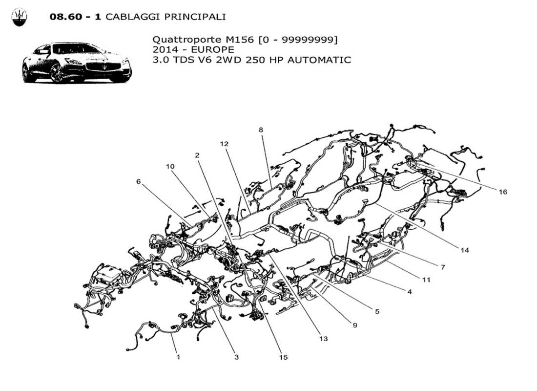 maserati qtp. v6 3.0 tds 250bhp 2014 schéma des pièces du câblage principal