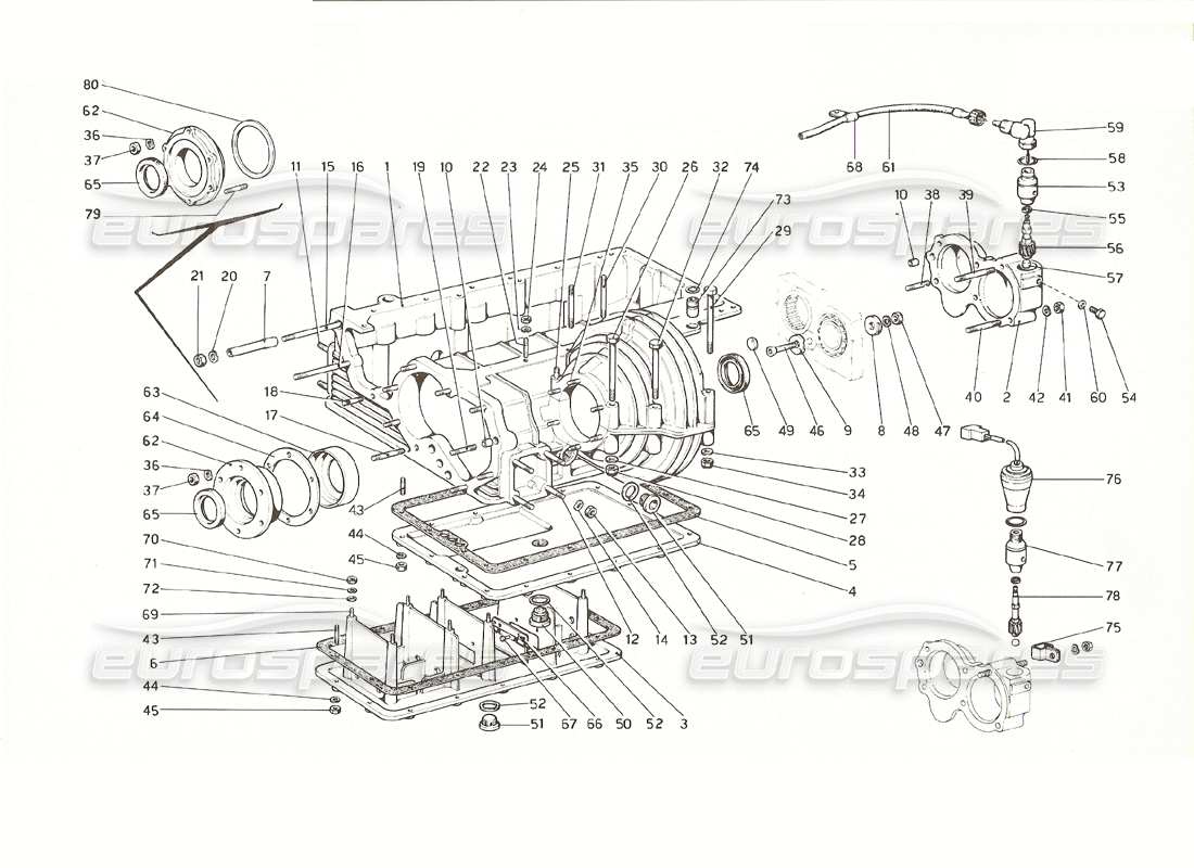 ferrari 308 gt4 dino (1976) boîte de vitesses - schéma des pièces du carter de différentiel et du carter d'huile