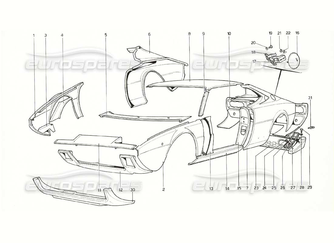 ferrari 308 gt4 dino (1976) coque de carrosserie - diagramme des pièces des éléments extérieurs