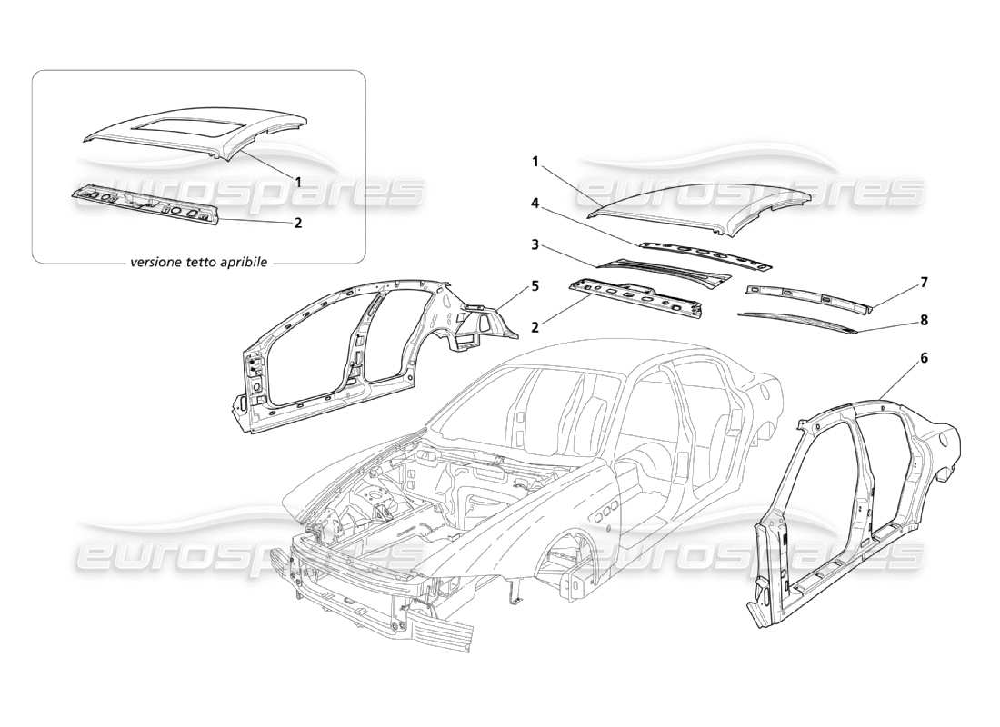 maserati qtp. (2003) 4.2 structures extérieures centrales et corps schéma des pièces