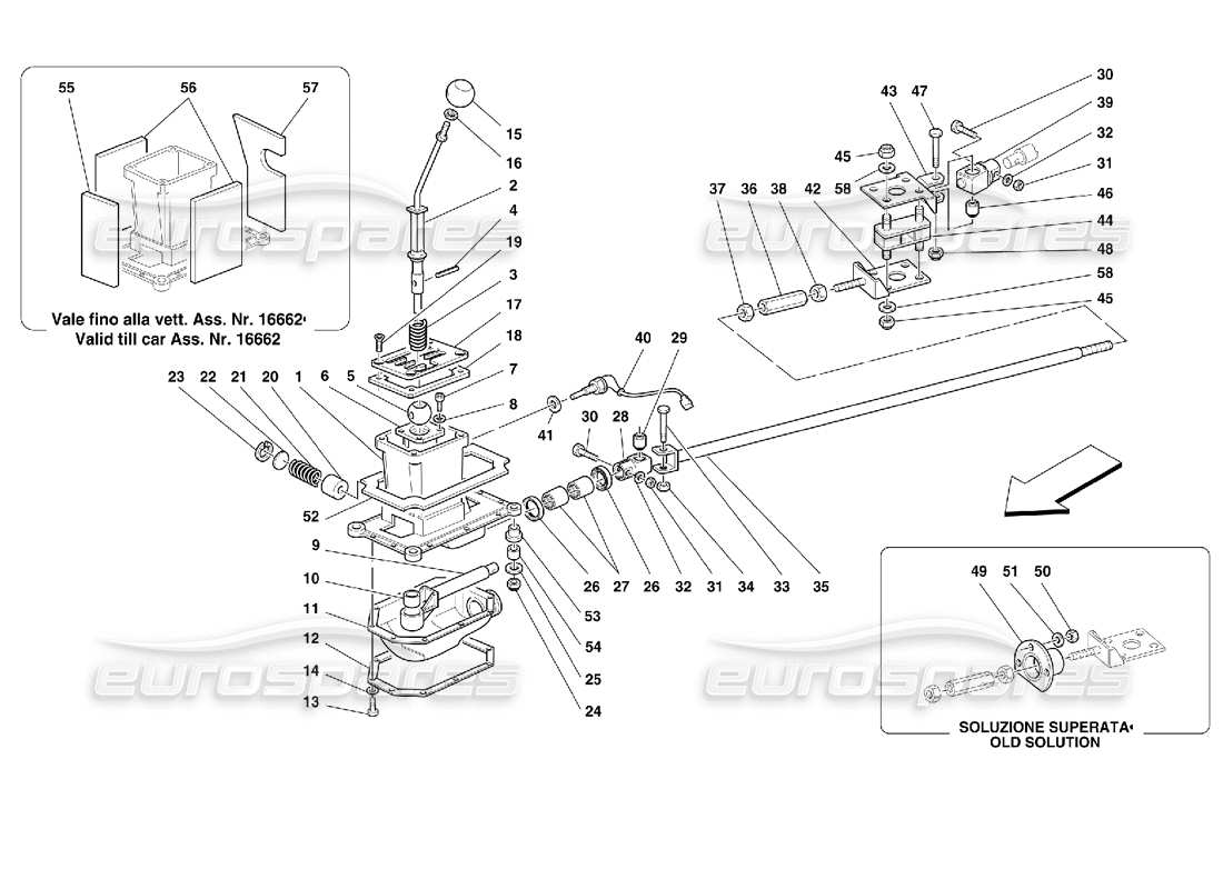 ferrari 355 (2.7 motronic) schéma des pièces des commandes extérieures de la boîte de vitesses