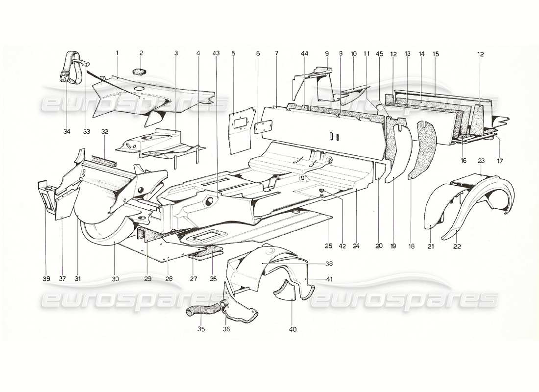 ferrari 308 gt4 dino (1976) coque de carrosserie - diagramme des pièces des éléments intérieurs