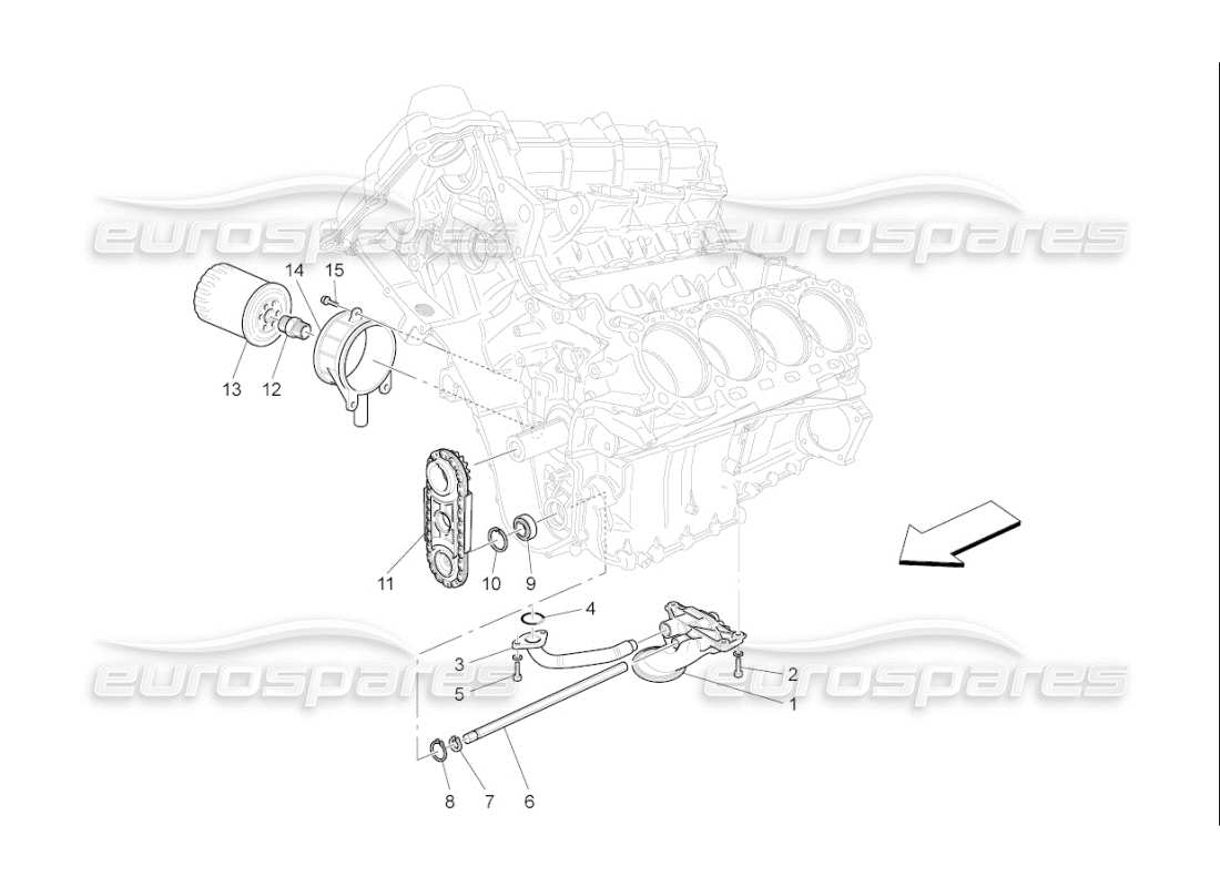 maserati qtp. (2010) 4.7 auto système de lubrification : diagramme des pièces de la pompe et du filtre