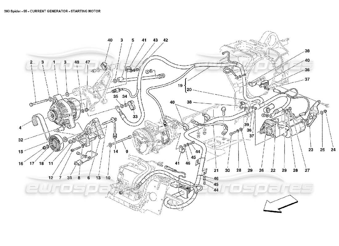 ferrari 360 spider générateur de courant - démarreur du moteur schéma des pièces