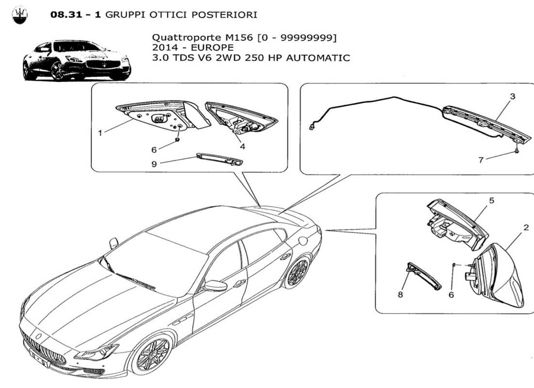 maserati qtp. v6 3.0 tds 250bhp 2014 diagramme des pièces des groupes de feux arrière