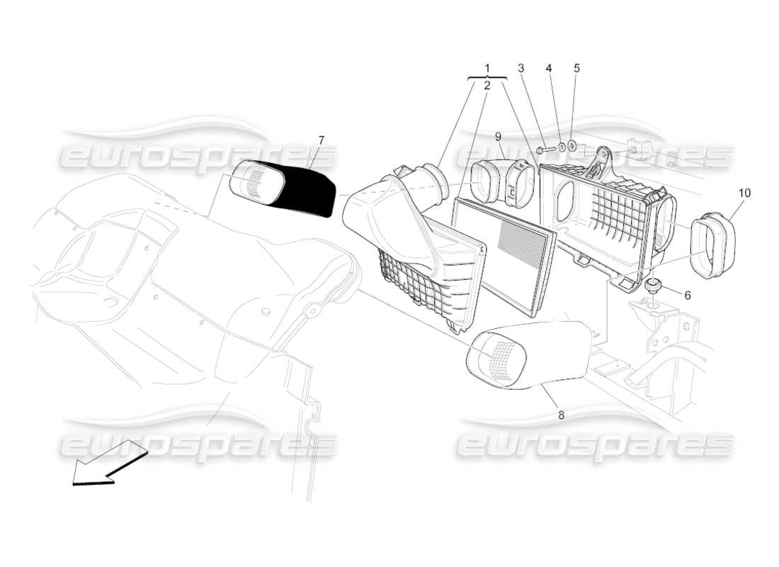 maserati grancabrio (2010) 4.7 schéma des pièces du filtre à air, de l'admission d'air et des conduits