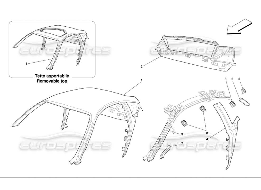 ferrari 360 modena diagramme des parties de la structure du toit