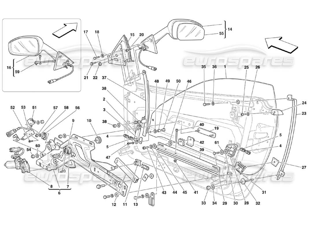 ferrari 360 challenge stradale portes - schéma des pièces des vitres électriques et des rétroviseurs