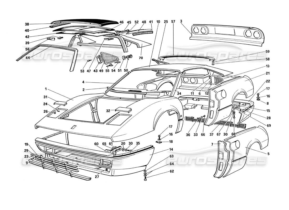 ferrari 328 (1985) coque de carrosserie - éléments extérieurs (pas pour les versions us et sa) schéma des pièces