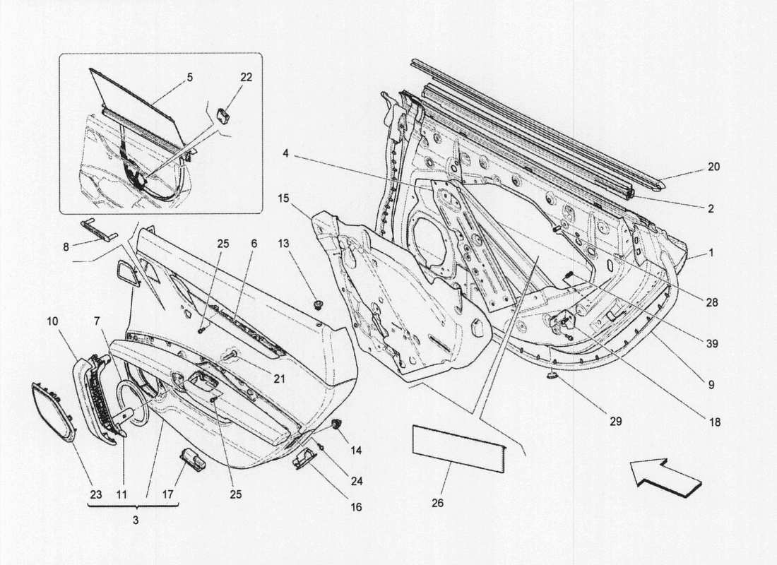 maserati qtp. v6 3.0 bt 410bhp 2wd 2017 portes arrière : diagramme de pièces des panneaux de garniture