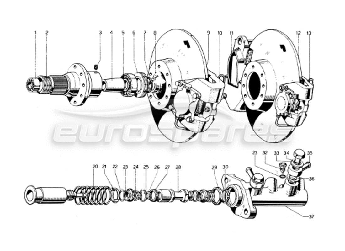 ferrari 275 gtb/gts 2 cam schéma des pièces des disques de frein arrière et du maître-cylindre d'embrayage