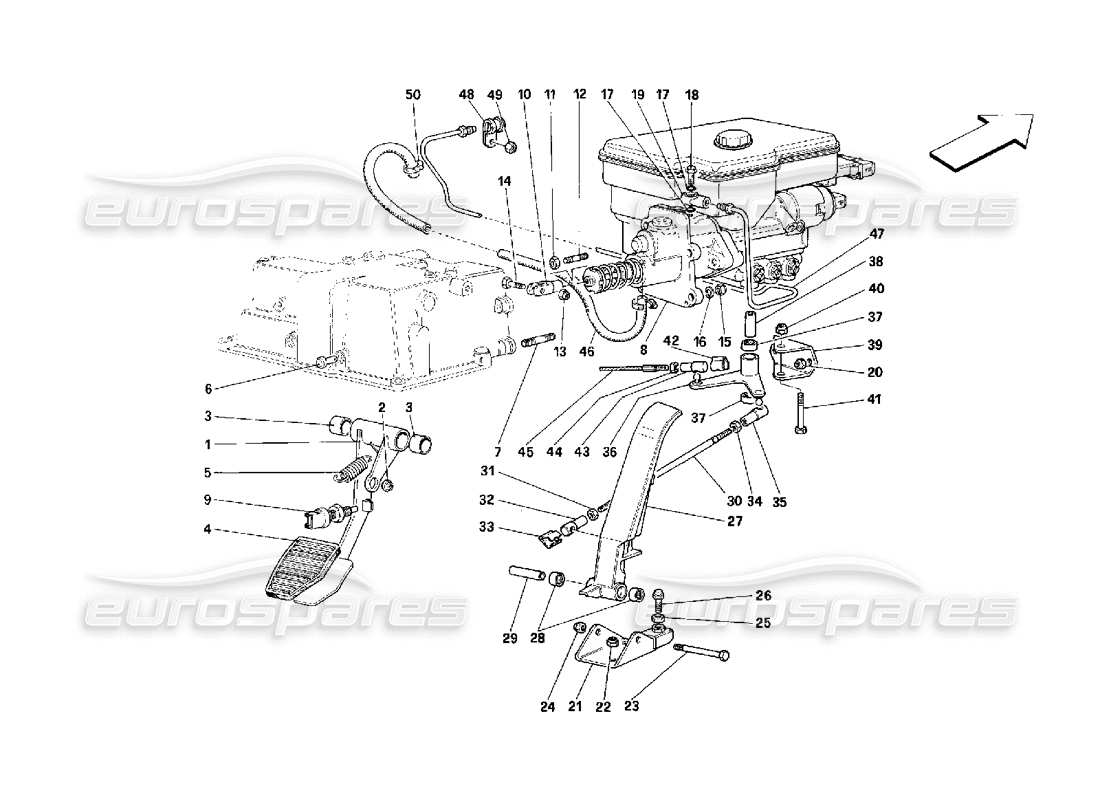 ferrari 348 (2.7 motronic) schéma des pièces de la pédale d'accélérateur et du système hydraulique de freinage