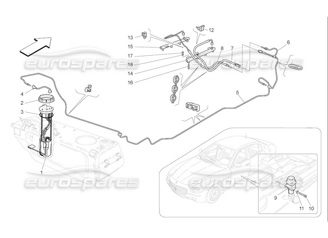 maserati qtp. (2007) 4.2 f1 schéma des pièces des pompes à carburant et des conduites de connexion