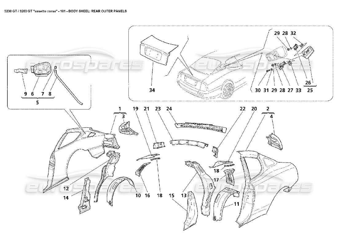 maserati 3200 gt/gta/assetto corsa corps : panneaux extérieurs arrière schéma des pièces