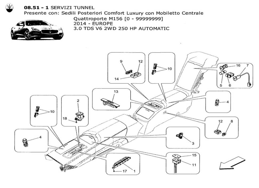 maserati qtp. v6 3.0 tds 250bhp 2014 schéma des pièces des appareils de la console centrale