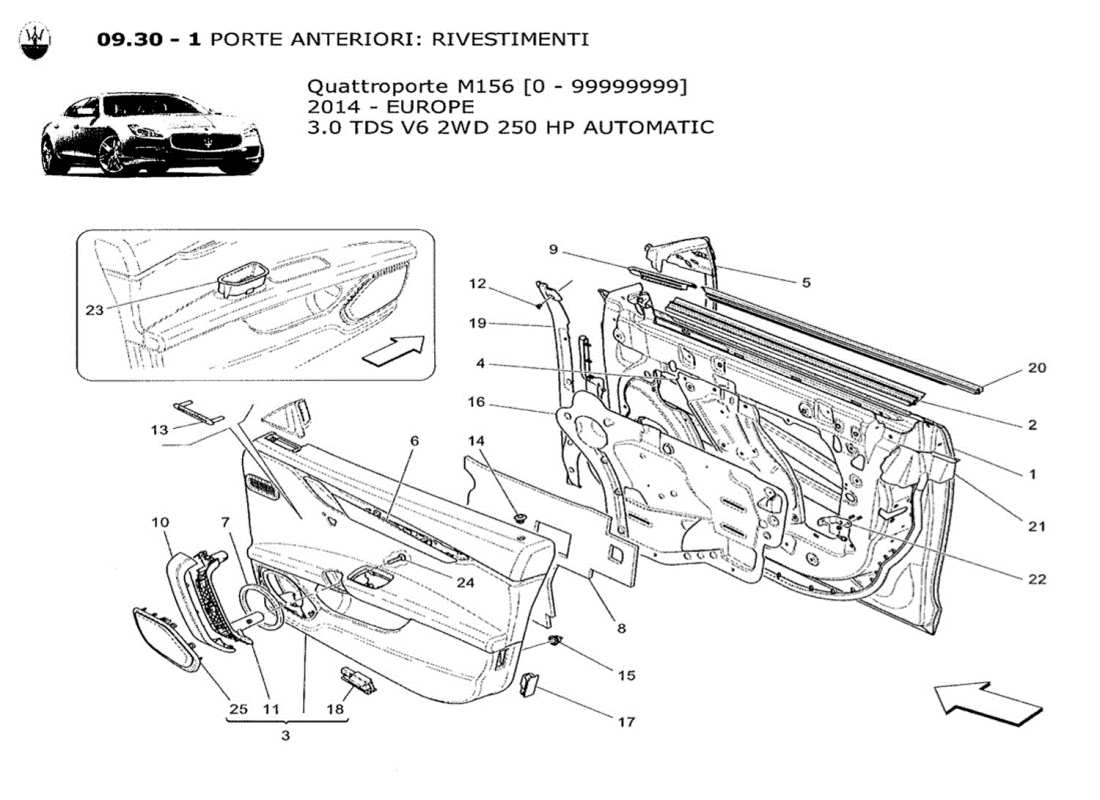 maserati qtp. v6 3.0 tds 250bhp 2014 portes avant : diagramme de pièces des panneaux de garniture