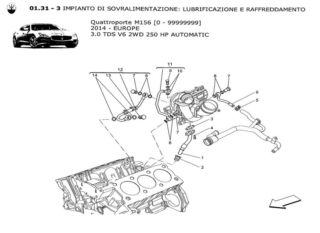 maserati qtp. v6 3.0 tds 250bhp 2014 système de turbocompression : lubrification et refroidissement schéma des pièces