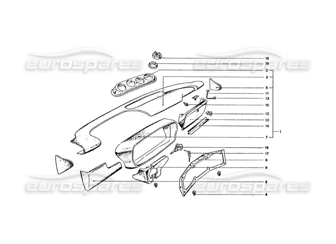 ferrari 365 gt4 2+2 coachwork schéma des pièces du tableau de bord et du commutateur d'allumage