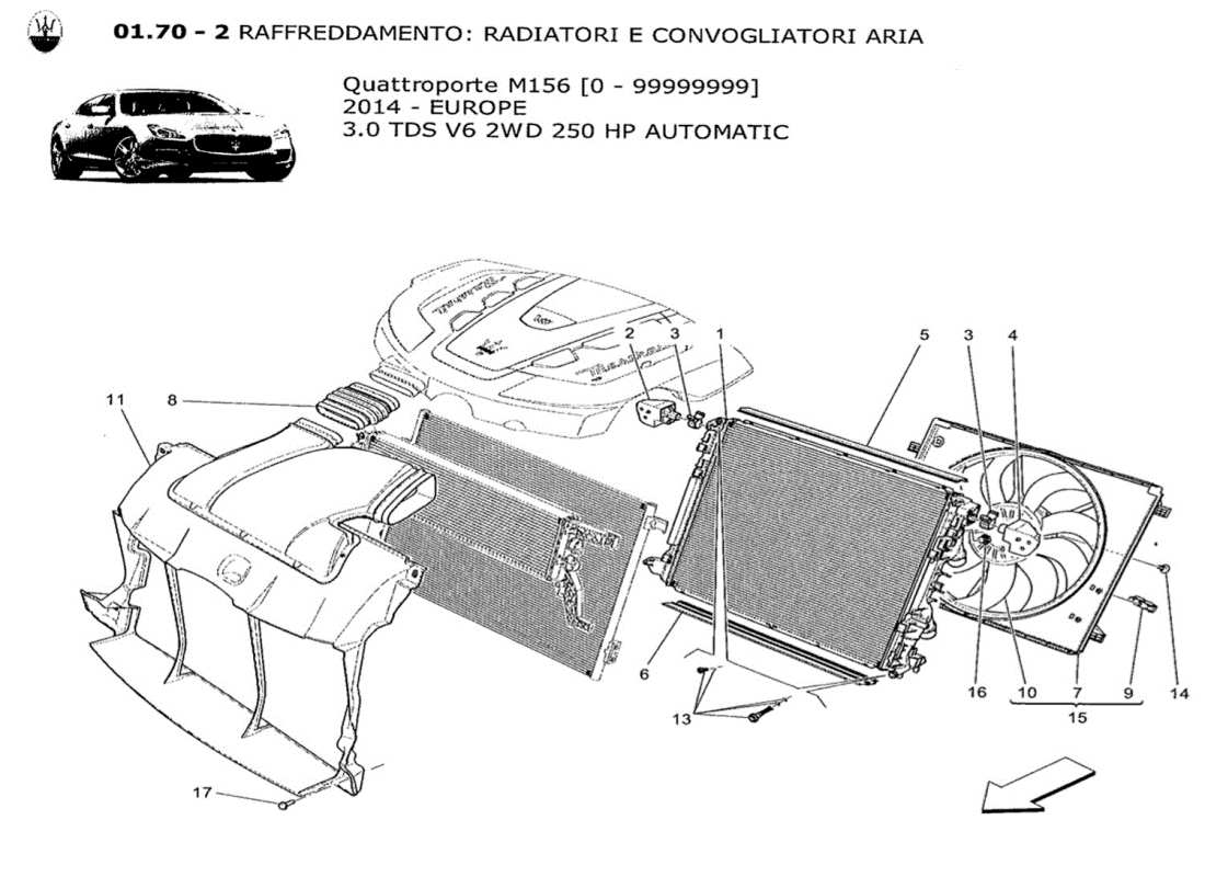 maserati qtp. v6 3.0 tds 250bhp 2014 refroidissement : diagramme de pièces des radiateurs et des conduits d'air