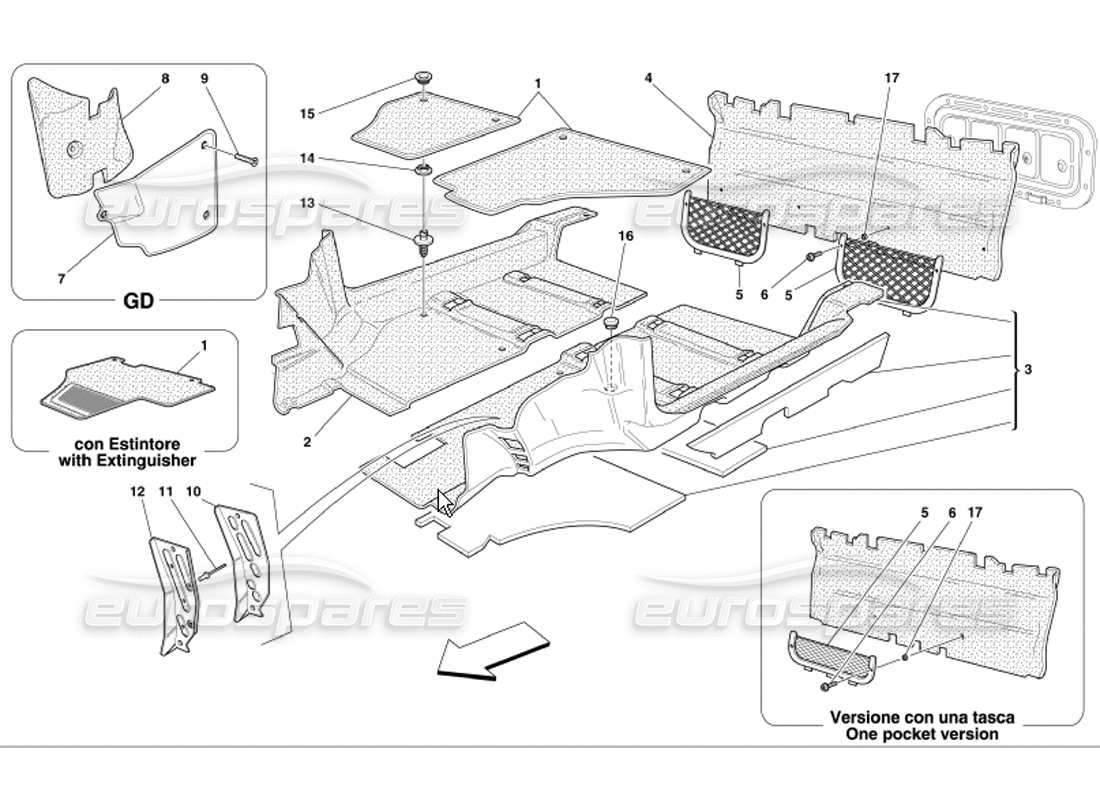 ferrari 360 modena tapis d'habitacle schéma des pièces
