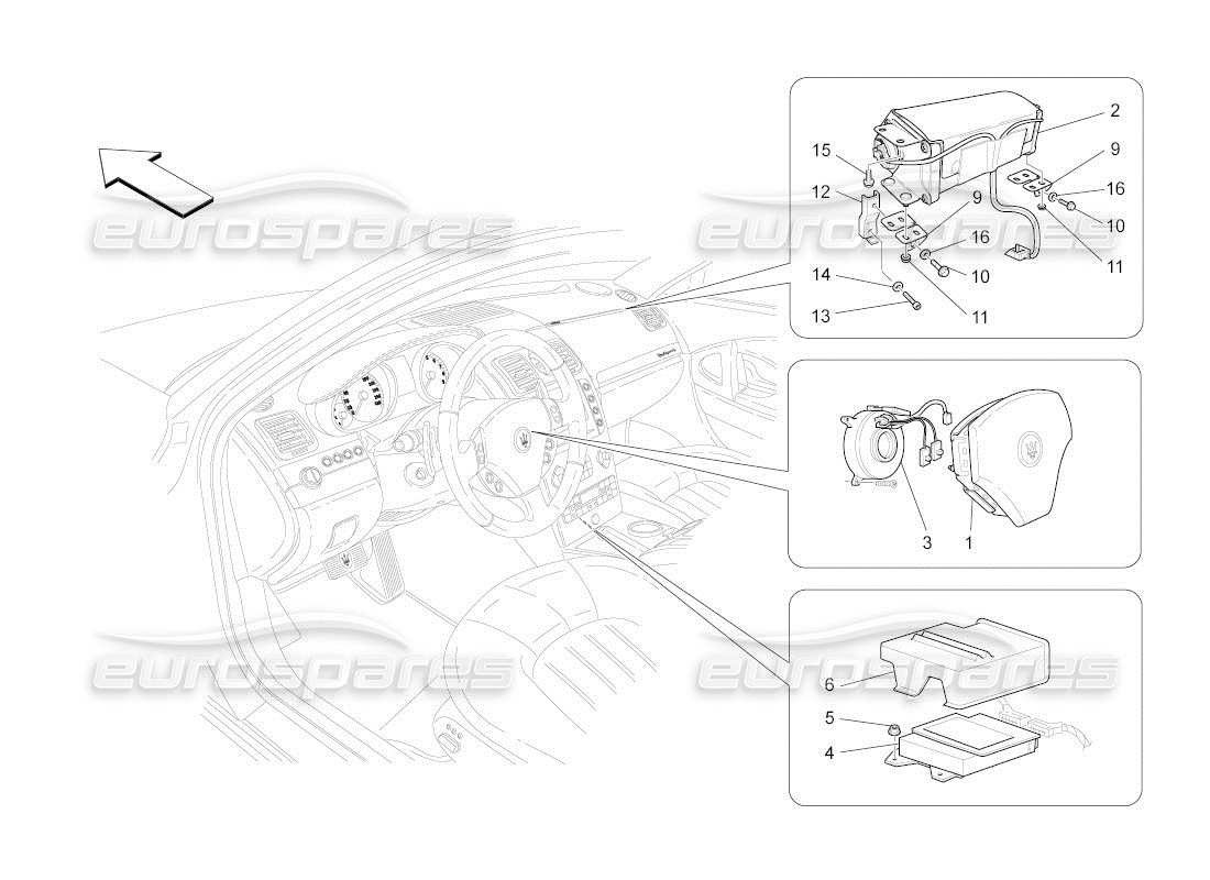 maserati qtp. (2010) 4.2 auto schéma des pièces du système d'airbag frontal