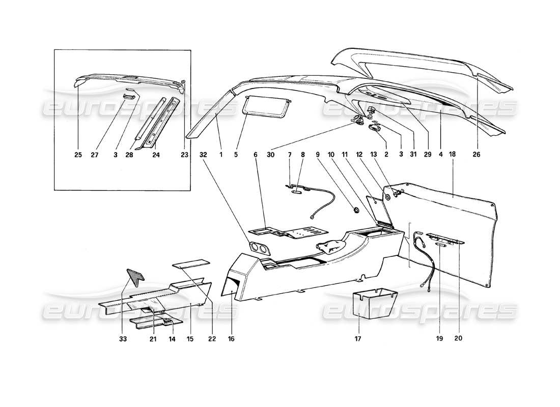 ferrari 308 (1981) gtbi/gtsi diagramme des pièces du tunnel et de la table de toit