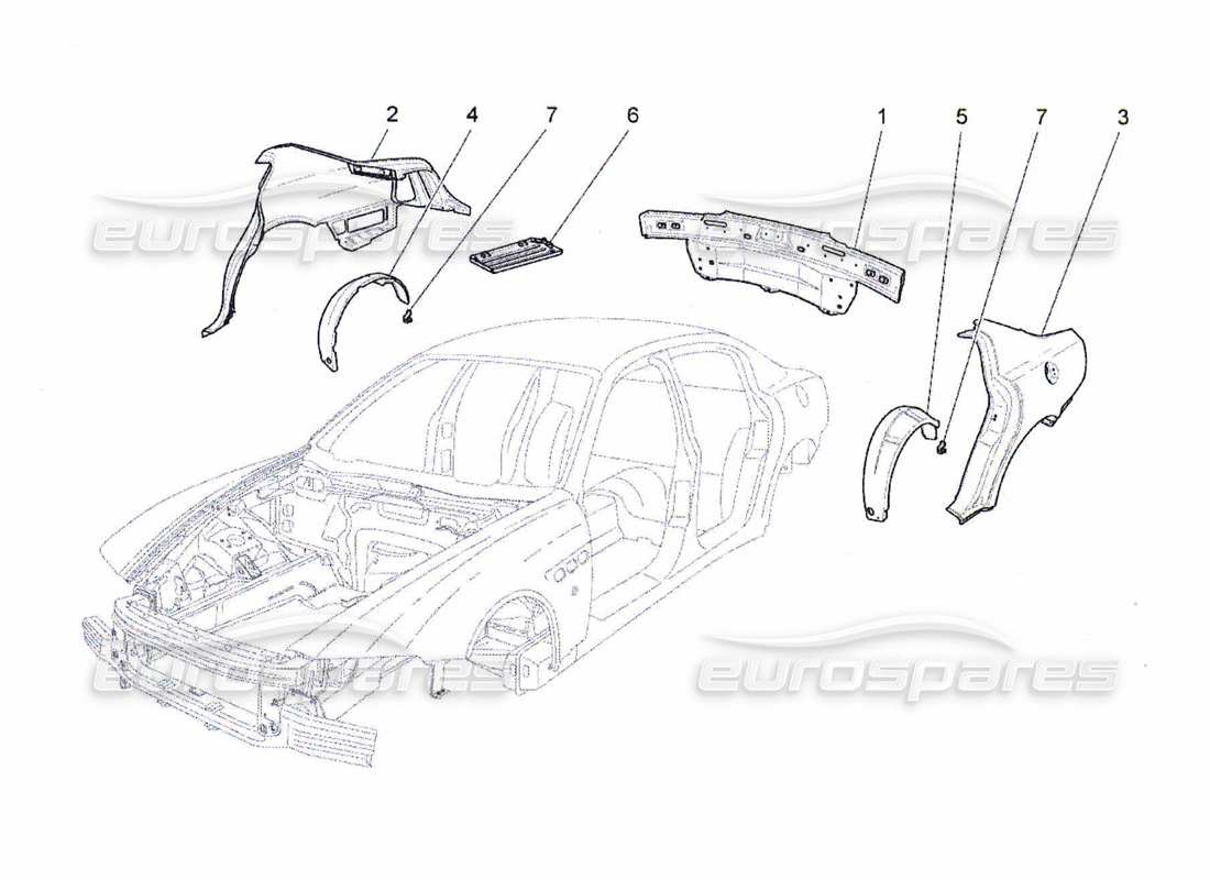 maserati qtp. (2010) 4.7 schéma des pièces de la carrosserie et des panneaux de garniture extérieurs arrière