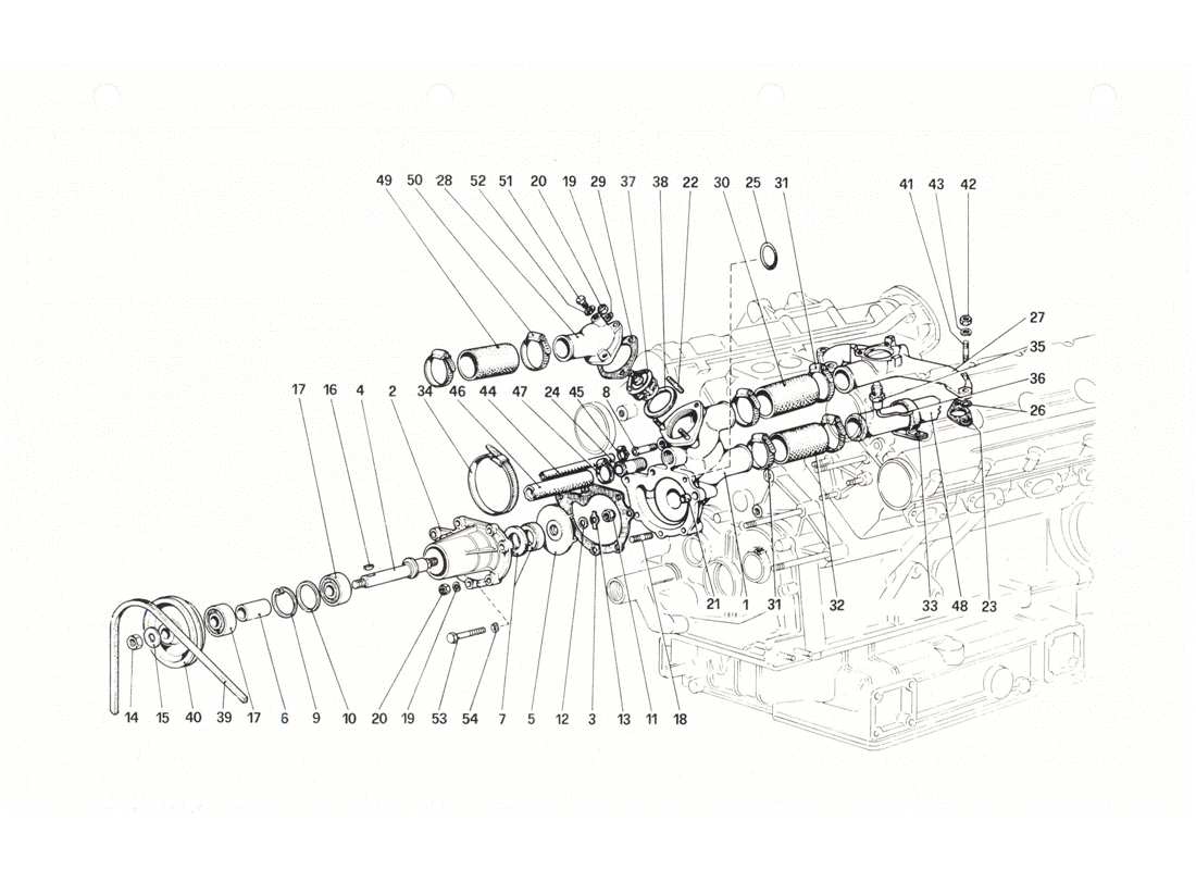 ferrari 208 gtb gts schéma des pièces de la pompe à eau et des tuyauteries