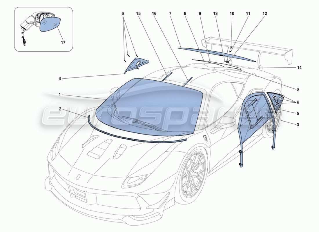 ferrari 488 challenge diagramme des pièces en verre