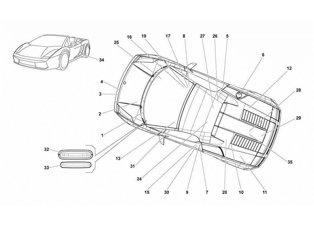 un schéma de pièces du catalogue de pièces Lamborghini Gallardo LP570-4s Perform