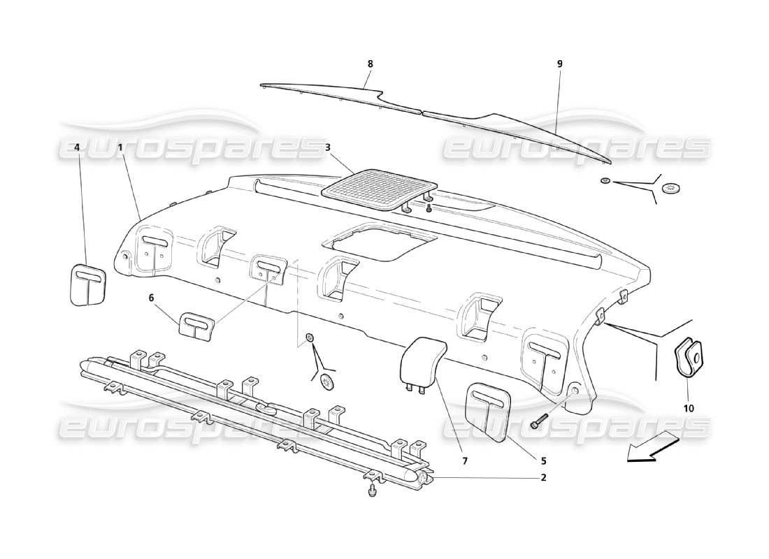 maserati qtp. (2003) 4.2 sous le diagramme des pièces de moulure de lunette arrière