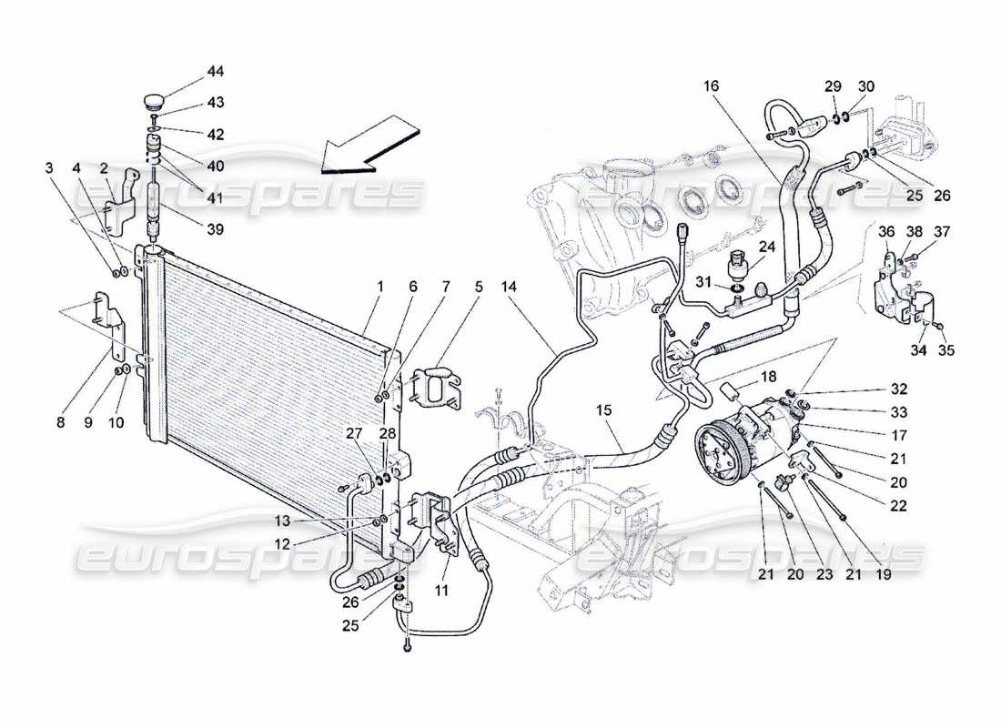 maserati qtp. (2010) 4.7 unité ac : schéma des pièces des dispositifs du compartiment moteur